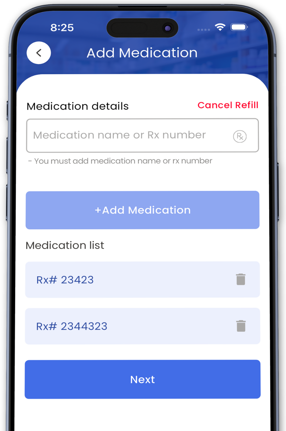 Quick Rx add medication screen